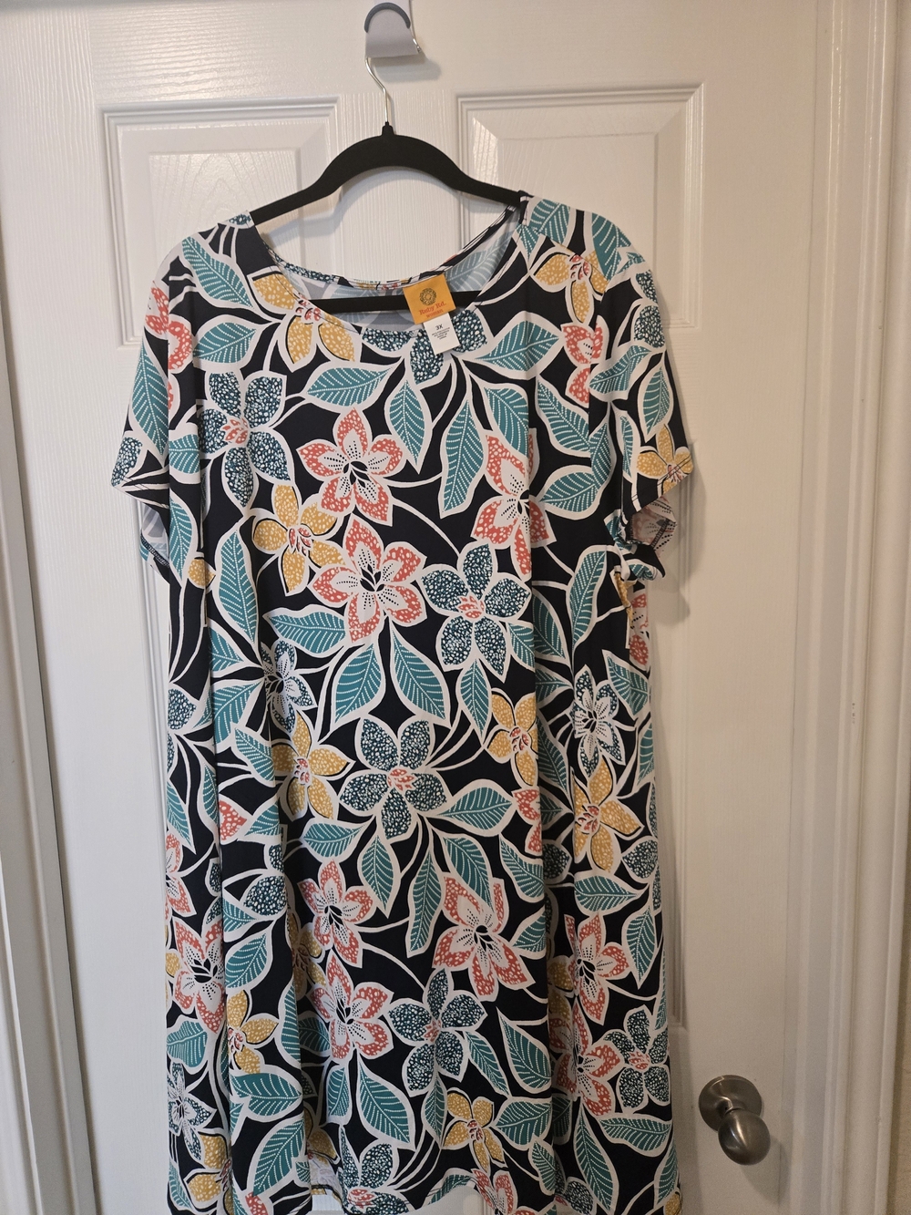 Ruby Rd. Navy Floral Midi Dress with Teal, Yellow & Coral Accents